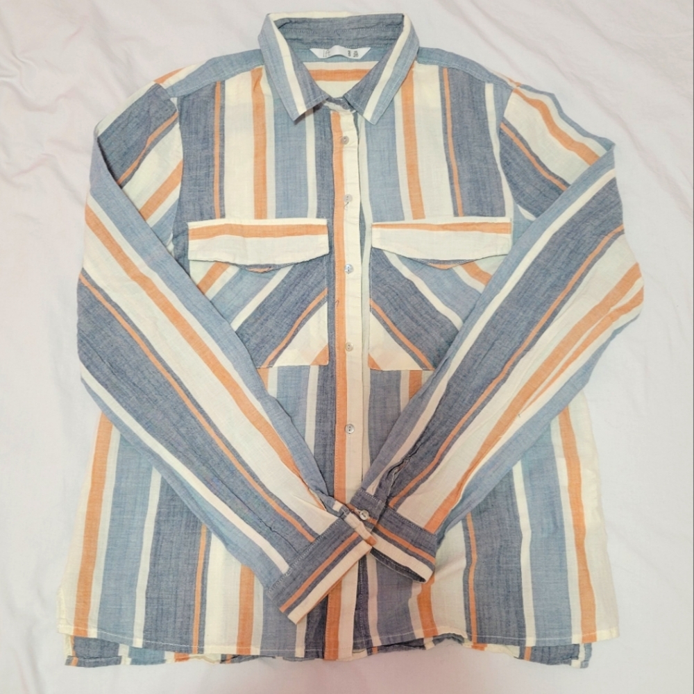 Vintage-Inspired Striped Cotton Womens Button-Up Shirt - Soft Neutrals & Pastels
